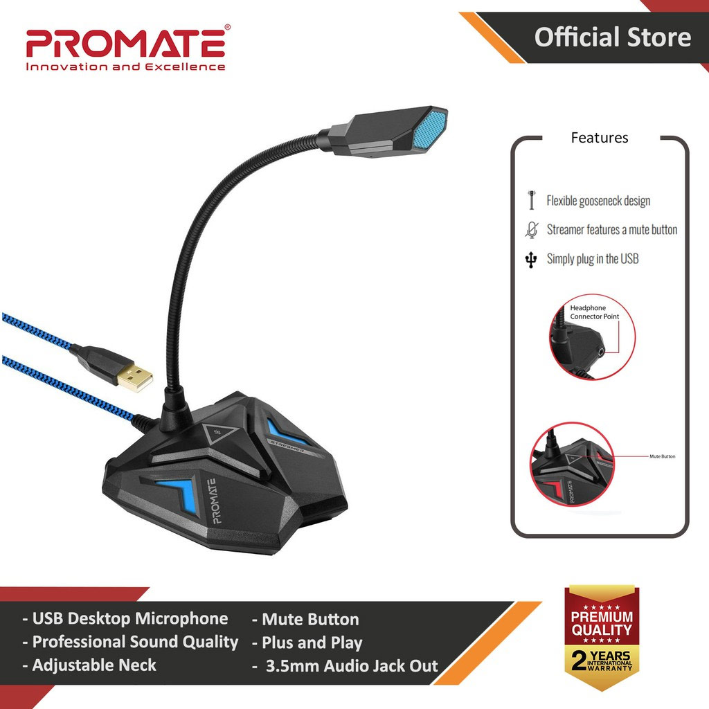 Picture of Promate USB Gaming Microphone High Definition Omnidirectional Gooseneck Condenser Mic with Audio Jack Out Mute Button Steamer (Blue)