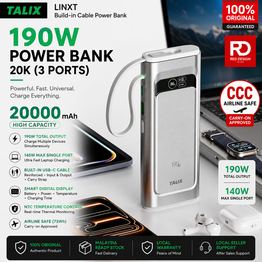 Picture of TALIX Linxt Build-in Cable Laptop CCC Travel Power Bank 190W 20000mah (3ports) Red Design- Red Design Cases, Red Design Covers, iPad Cases and a wide selection of Red Design Accessories in Malaysia, Sabah, Sarawak and Singapore 