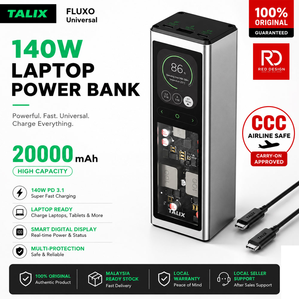 Picture of TALIX FLUXO 140W PD 3.1 CCC Power Bank 20000mAh | Laptop Fast Charging Power Bank | 3-Port USB-C Portable Charger Malaysia Red Design- Red Design Cases, Red Design Covers, iPad Cases and a wide selection of Red Design Accessories in Malaysia, Sabah, Sarawak and Singapore 