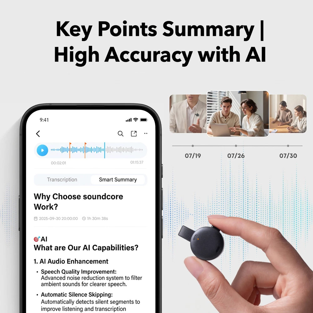 Picture of Soundcore by Anker Work Portable AI Voice Recorder with AI Transcription & Summarization Cross-Meeting Summary MFi Certified (Black)