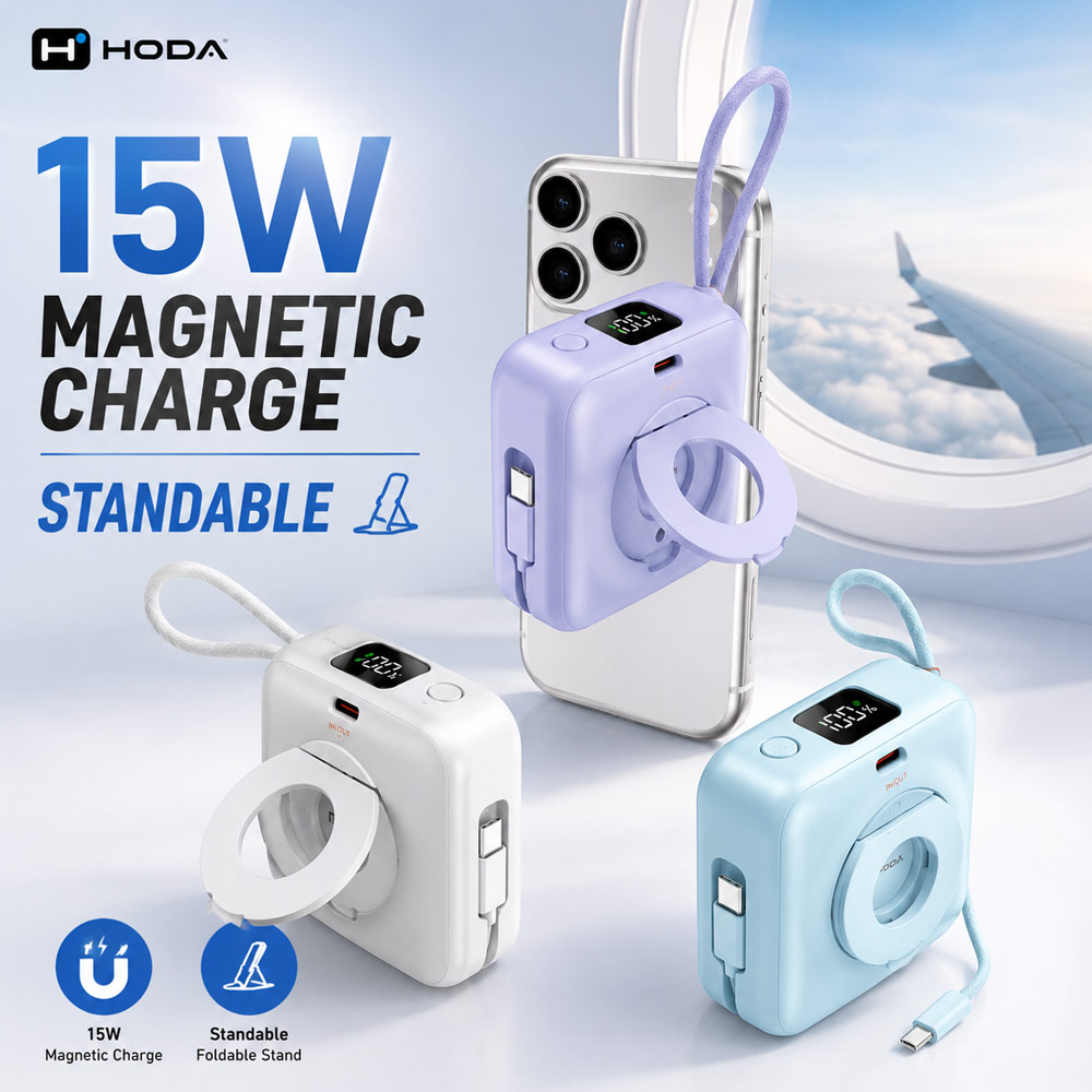 Picture of Hoda 10000mAh Magnetic Wireless CCC Travel Safe Powerbank 20W Fast Charge with Type-C Built In Cable Travel Friendly and Foldable Stand (Blue)