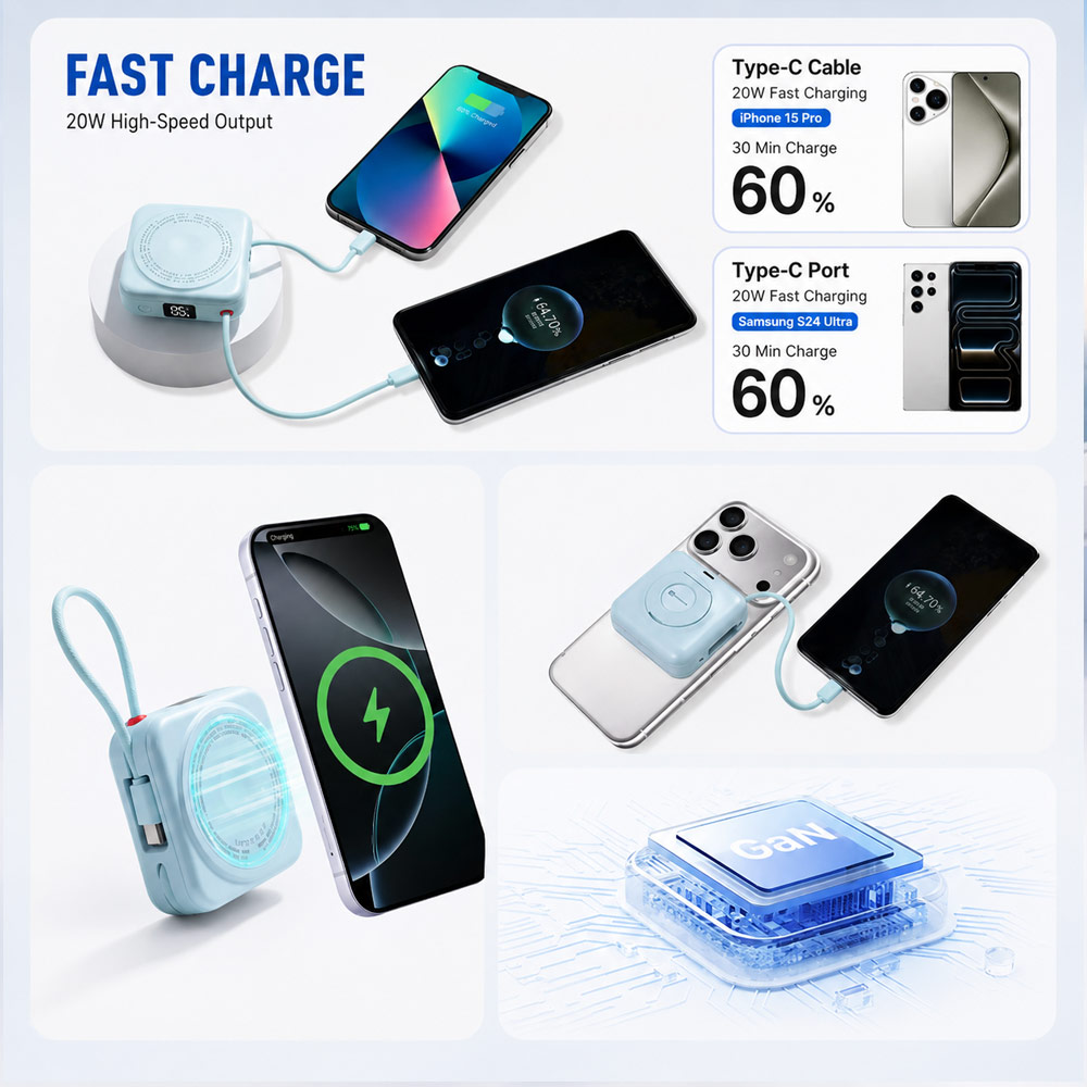 Picture of Hoda 10000mAh Magnetic Wireless CCC Travel Safe Powerbank 20W Fast Charge with Type-C Built In Cable Travel Friendly and Foldable Stand (Blue)