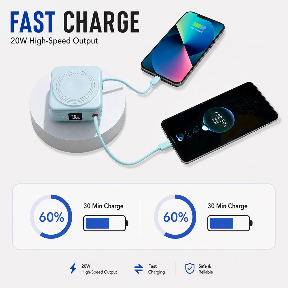 Picture of Hoda 10000mAh Magnetic Wireless CCC Travel Safe Powerbank 20W Fast Charge with Type-C Built In Cable Travel Friendly and Foldable Stand (Blue)