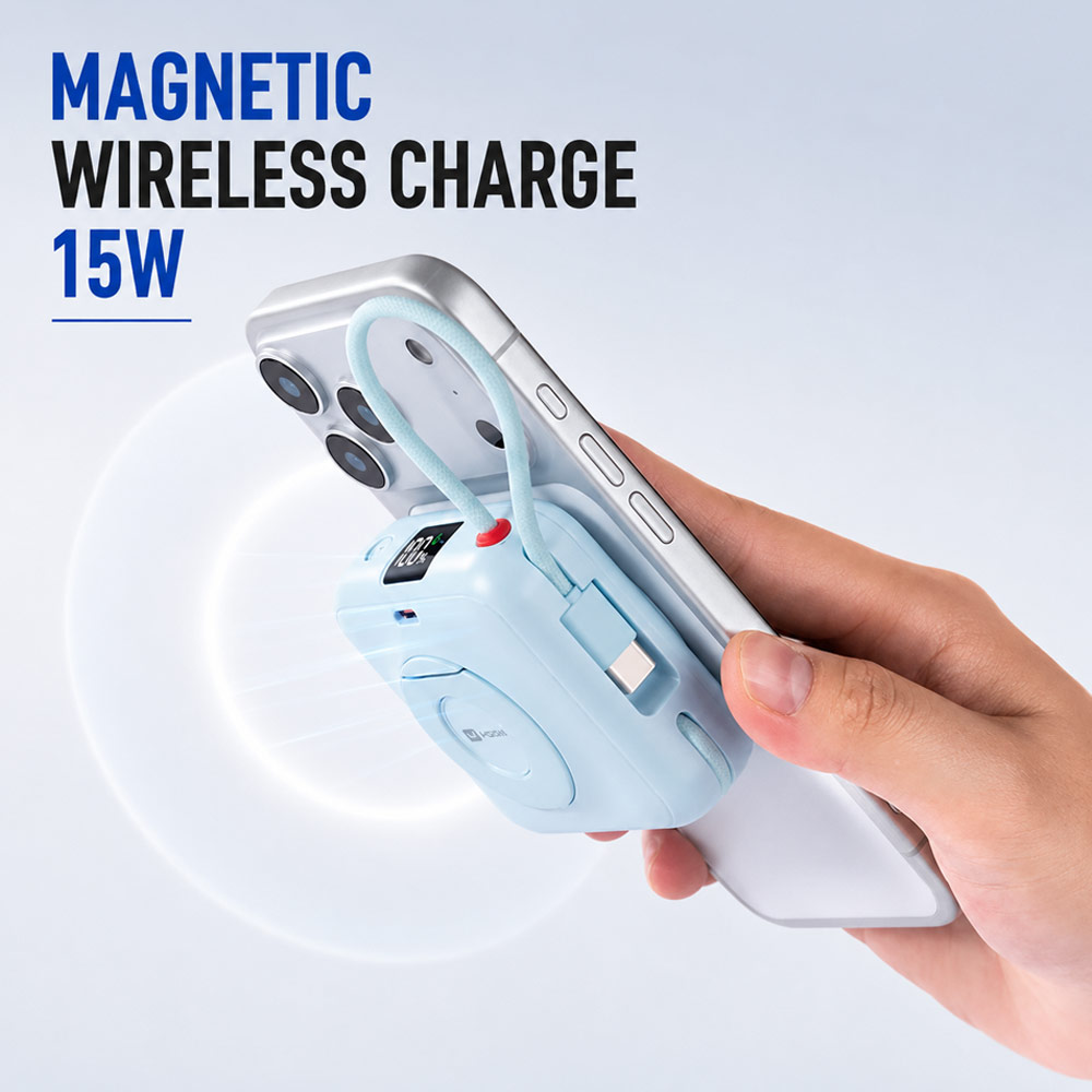 Picture of Hoda 10000mAh Magnetic Wireless CCC Travel Safe Powerbank 20W Fast Charge with Type-C Built In Cable Travel Friendly and Foldable Stand (Blue)