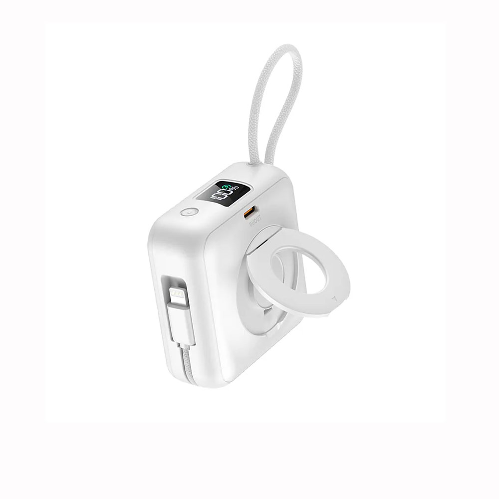 Picture of Hoda 10000mAh Magnetic Wireless CCC Travel Safe Powerbank 20W Fast Charge with Type-C Built In Cable Travel Friendly and Foldable Stand (White)