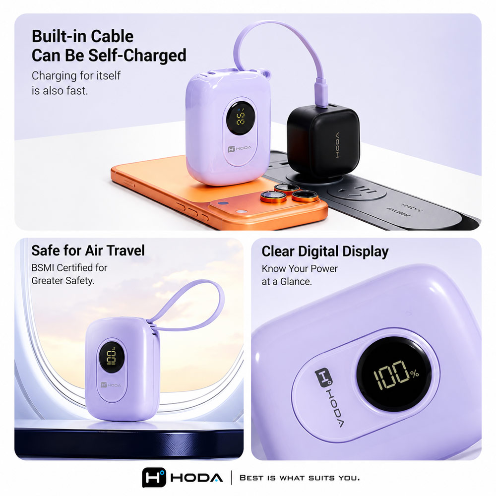 Picture of Hoda 10000mAh CCC Travel Safe Powerbank 20W Fast Charge with Type-C Built In Cable Travel Friendly (Purple)