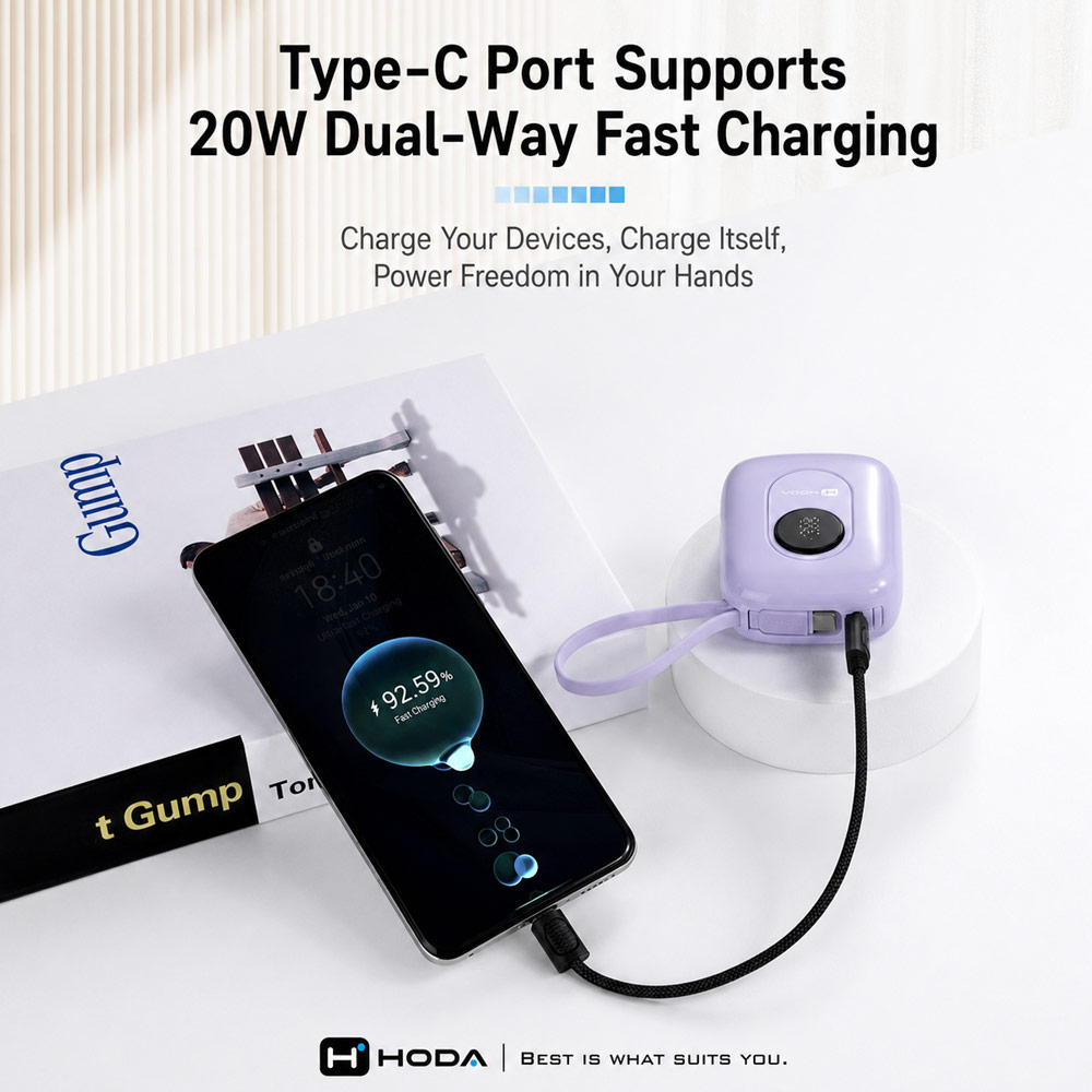 Picture of Hoda 10000mAh CCC Travel Safe Powerbank 20W Fast Charge with Type-C Built In Cable Travel Friendly (Purple)