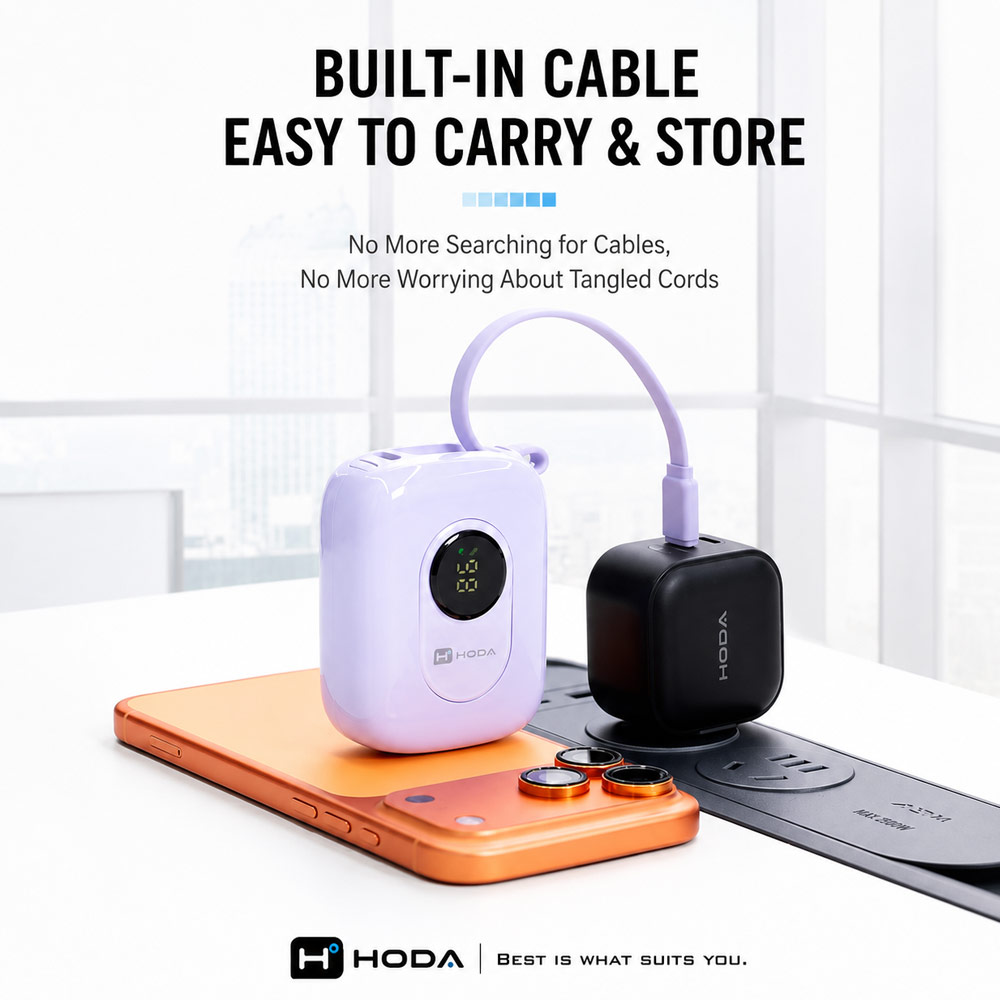 Picture of Hoda 10000mAh CCC Travel Safe Powerbank 20W Fast Charge with Type-C Built In Cable Travel Friendly (Purple)