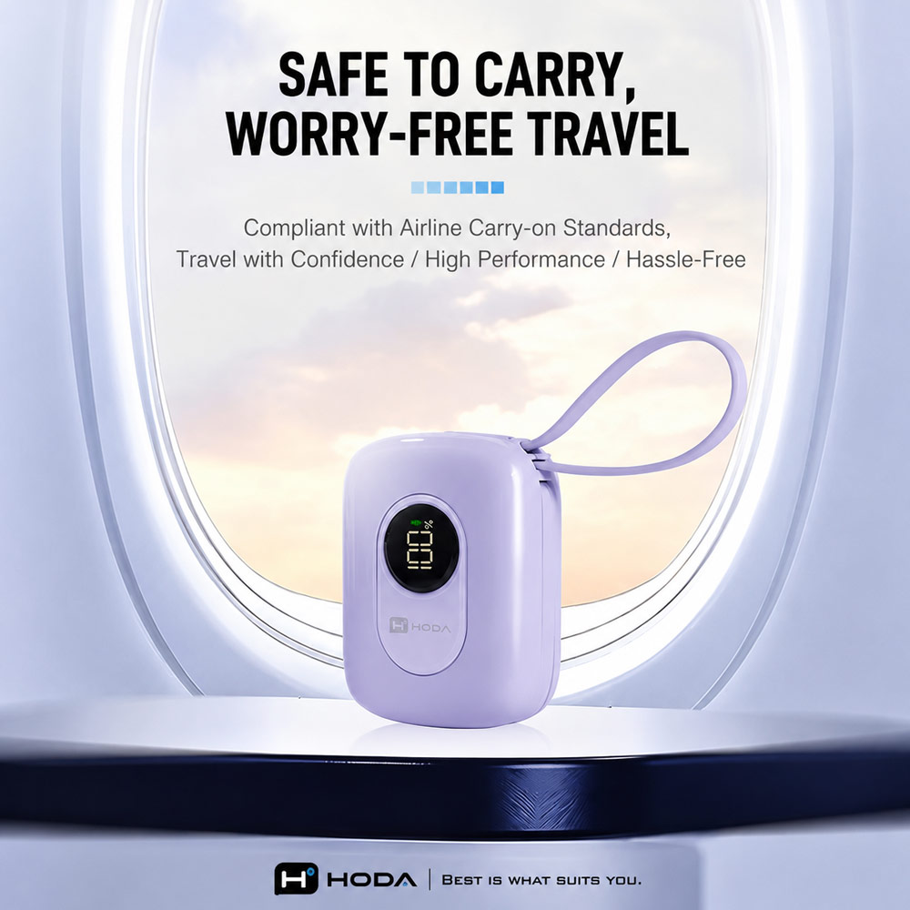 Picture of Hoda 10000mAh CCC Travel Safe Powerbank 20W Fast Charge with Type-C Built In Cable Travel Friendly (Purple)