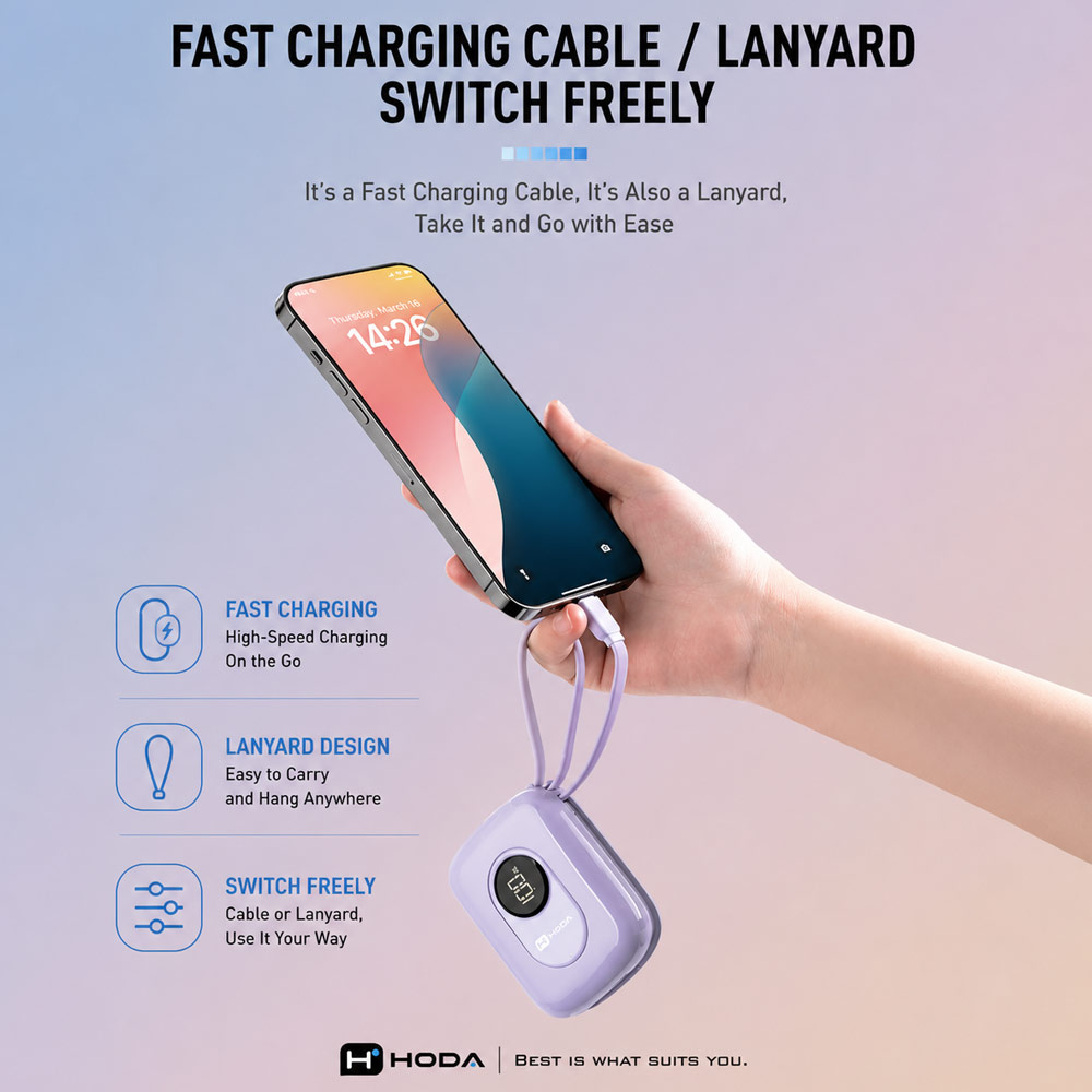 Picture of Hoda 10000mAh CCC Travel Safe Powerbank 20W Fast Charge with Type-C Built In Cable Travel Friendly (Purple)