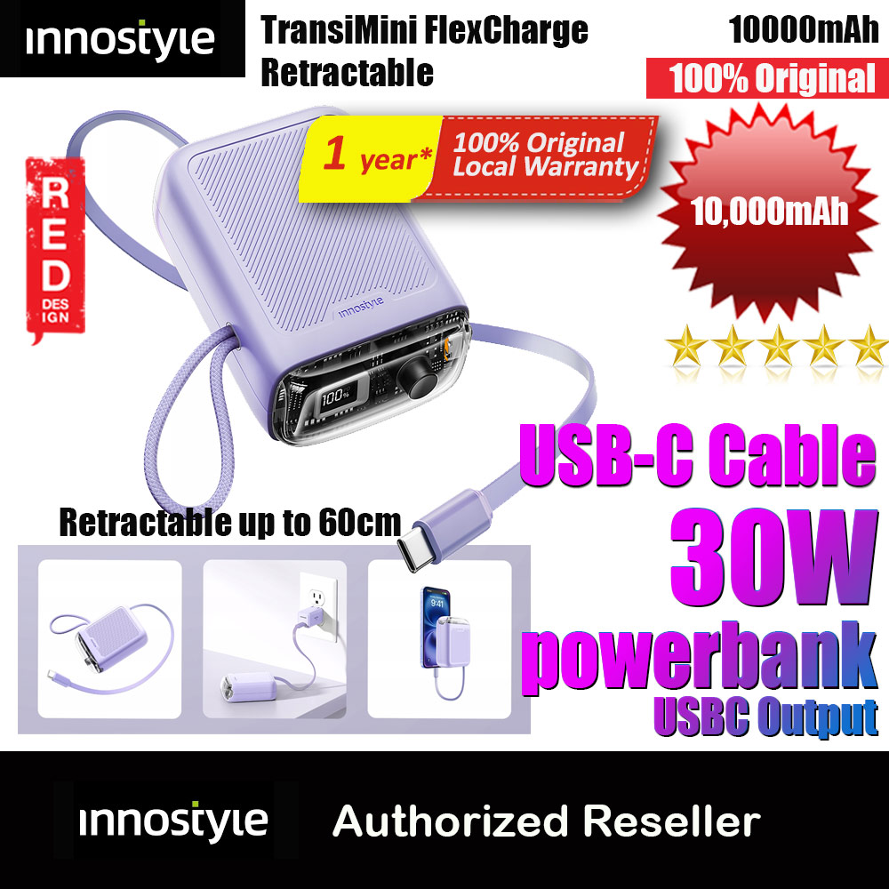 Picture of Innostyle CCC 3C Certified Power Bank TransiMini FlexCharge Retractable 30W 10000mAh 60cm USB-C Small Mini Compact Size Power Bank with Cable (Lavender) Red Design- Red Design Cases, Red Design Covers, iPad Cases and a wide selection of Red Design Accessories in Malaysia, Sabah, Sarawak and Singapore 
