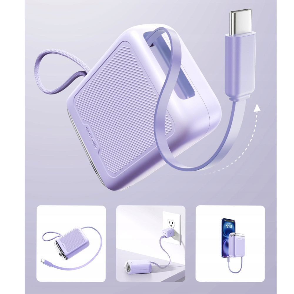 Picture of Innostyle CCC 3C Certified Power Bank TransiMini FlexCharge Retractable 30W 10000mAh 60cm USB-C Small Mini Compact Size Power Bank with Cable (Lavender)