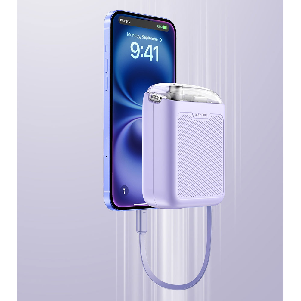 Picture of Innostyle CCC 3C Certified Power Bank TransiMini FlexCharge Retractable 30W 10000mAh 60cm USB-C Small Mini Compact Size Power Bank with Cable (Lavender)