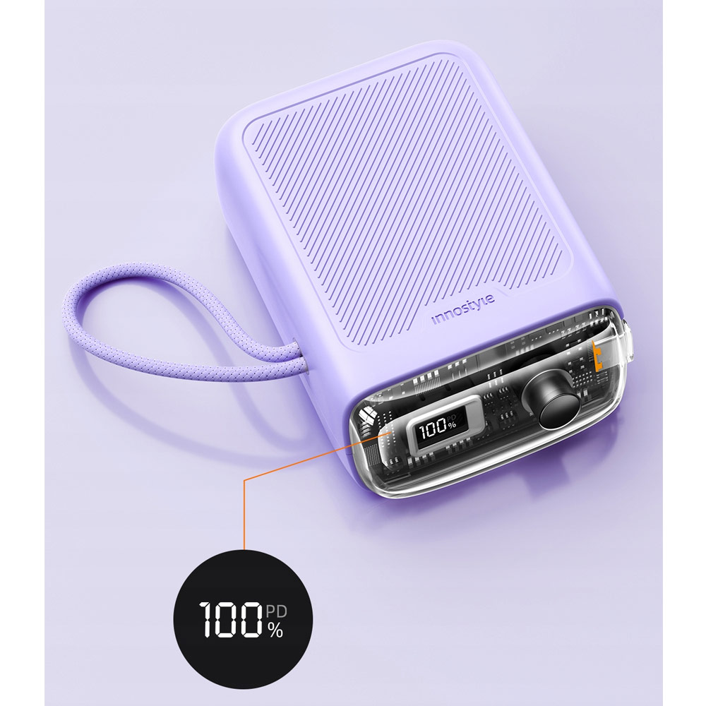 Picture of Innostyle CCC 3C Certified Power Bank TransiMini FlexCharge Retractable 30W 10000mAh 60cm USB-C Small Mini Compact Size Power Bank with Cable (Lavender)