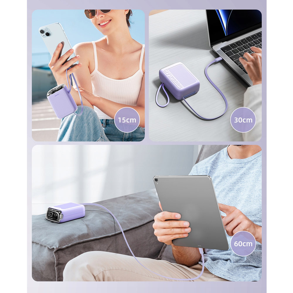 Picture of Innostyle CCC 3C Certified Power Bank TransiMini FlexCharge Retractable 30W 10000mAh 60cm USB-C Small Mini Compact Size Power Bank with Cable (Lavender)