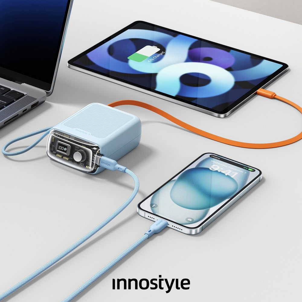 Picture of Innostyle CCC 3C Certified Power Bank TransiMini FlexCharge Retractable 30W 10000mAh 60cm USB-C Small Mini Compact Size Power Bank with Cable (Lavender)