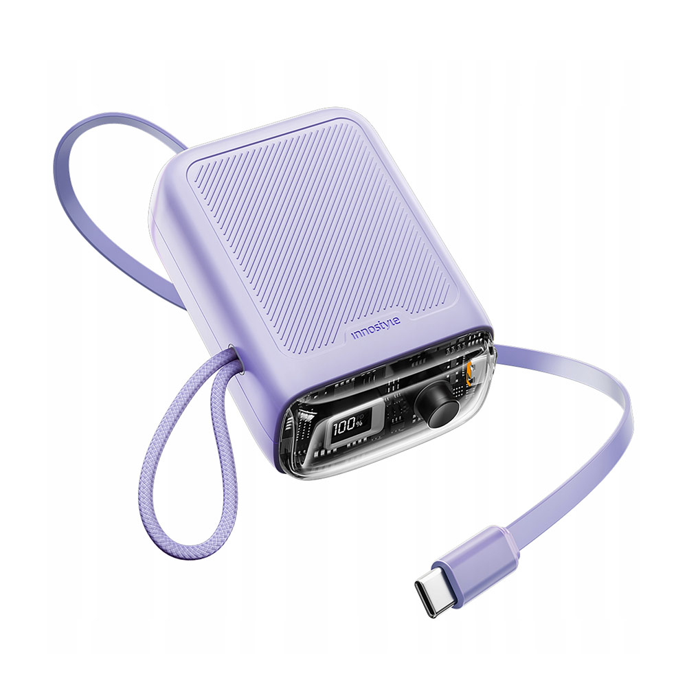 Picture of Innostyle CCC 3C Certified Power Bank TransiMini FlexCharge Retractable 30W 10000mAh 60cm USB-C Small Mini Compact Size Power Bank with Cable (Lavender)