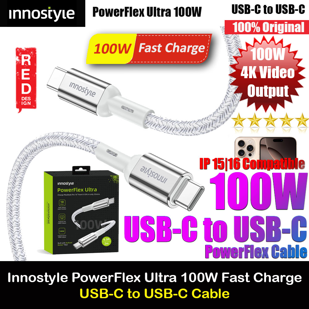 Picture of Innostyle PowerFlex Ultra 100W Fast Charging Data Cable 4K Video Support USB-C to USB-C 200cm (Silver)