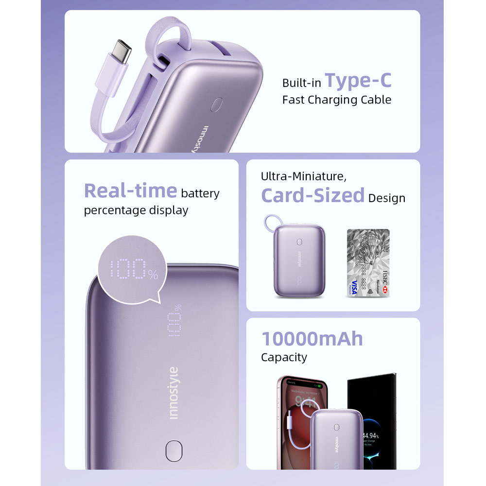 Picture of Innostyle PowerGo Mini Plus 10000mAh with USB-C input output USB-A Output Fast Charge PowerBank with USB-C Build in Cable  (Black)