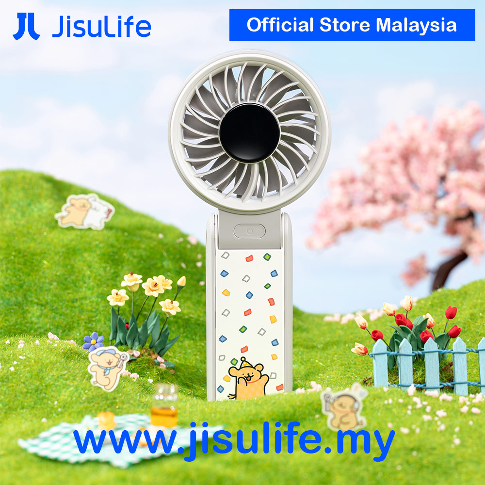 Picture of Jisulife Maltese Dog Series Malaysia 3 in 1 Handheld Fan Life7 Powerful Portable Fan with LED Display Foldable as Desk Fan Hangable as Neck Fan (5000mAh Light Grey)