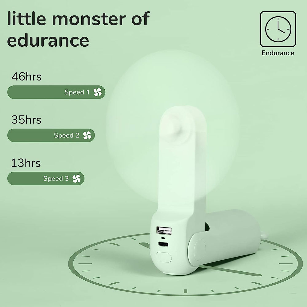 Picture of Jisulife Malaysia 3 in 1 Mini Handheld Fan USB Rechargeable Fan Power Bank with Flash Light for Office OutdoorTravel Hiking Camping  Concert Indoor Court F8X (Green)