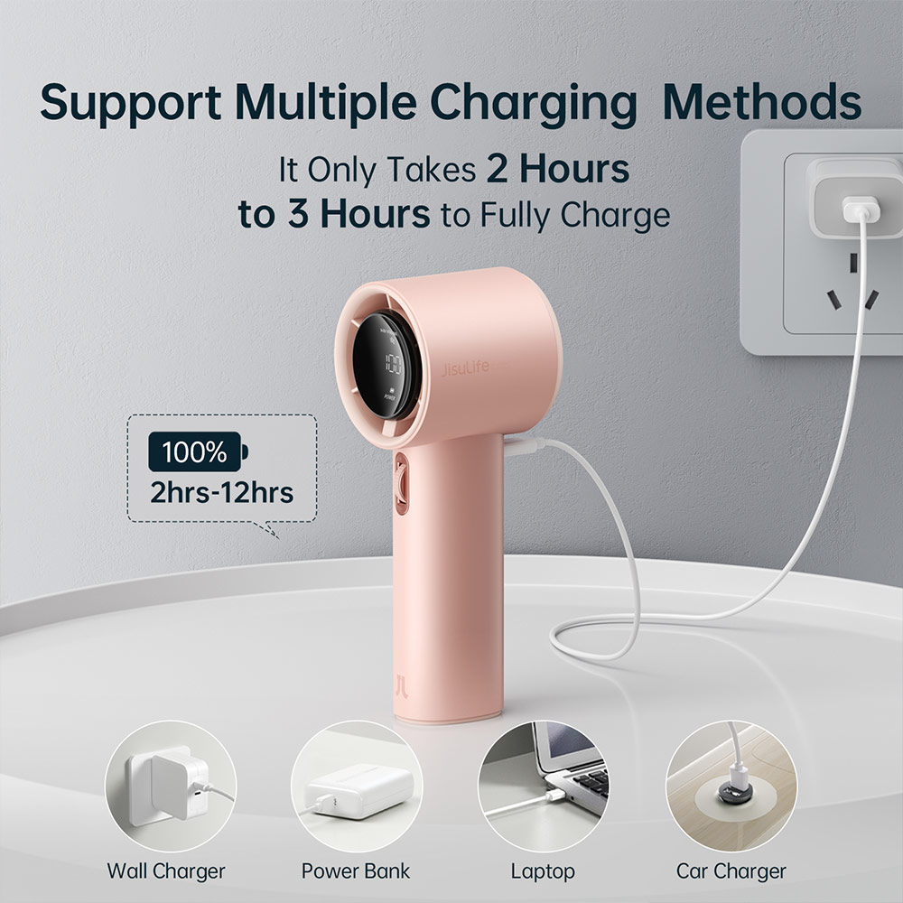 Picture of Jisulife Malaysia Super Power 100 Speed Turbo Strong Wind Portable Fast Charge Rechargeable 3600mAh Hidden Blade High Quality Handheld Mini Fan for Outdoor Indoor Badminton Court Concert Picnic Camping FA53ABS (Pink)
