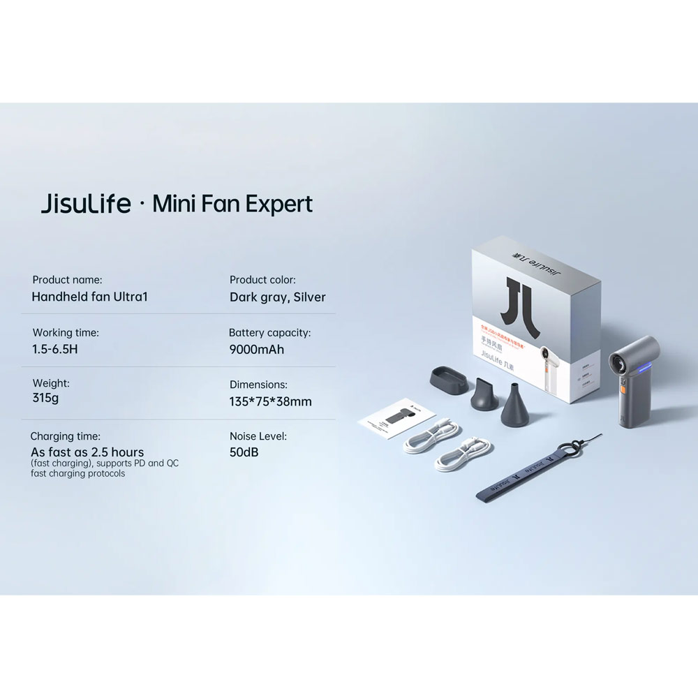 Picture of Jisulife Malaysia Super Power 100 Speed Ultra Ultra1 Turbo Strong Wind Portable Fast Charge Rechargeble 9000mAh Hidden Blade High Quality Handheld Mini Fan As Hair Dryer for Outdoor Indoor Badminton Court Concert Picnic Camping FA55 (Dark Grey)