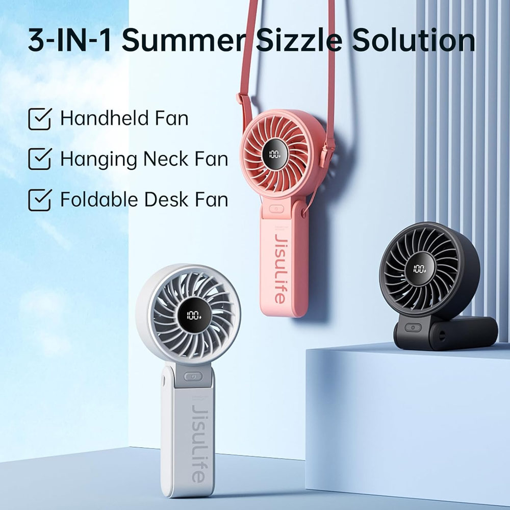 Picture of Jisulife Malaysia 3 in 1 Handheld Fan Life7 Powerful Portable Fan with LED Display Foldable as Desk Fan Hangable as Neck Fan (3600mAh Black)