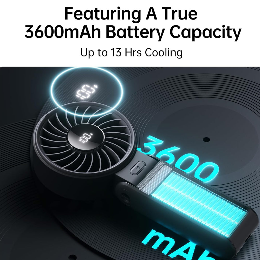 Picture of Jisulife Malaysia 3 in 1 Handheld Fan Life7 Powerful Portable Fan with LED Display Foldable as Desk Fan Hangable as Neck Fan (3600mAh Black)