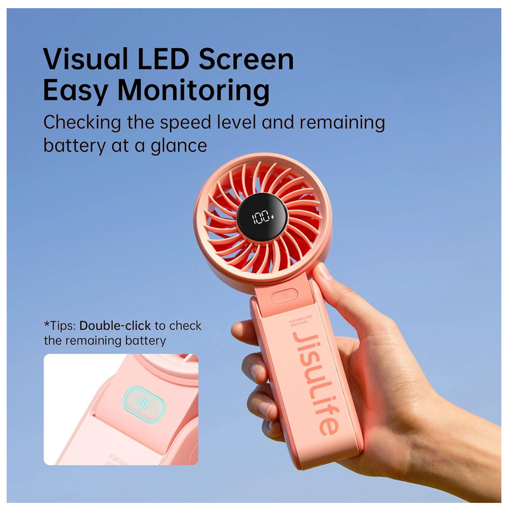 Picture of Jisulife Malaysia 3 in 1 Handheld Fan Life7 Powerful Portable Fan with LED Display Foldable as Desk Fan Hangable as Neck Fan (3600mAh Pink)