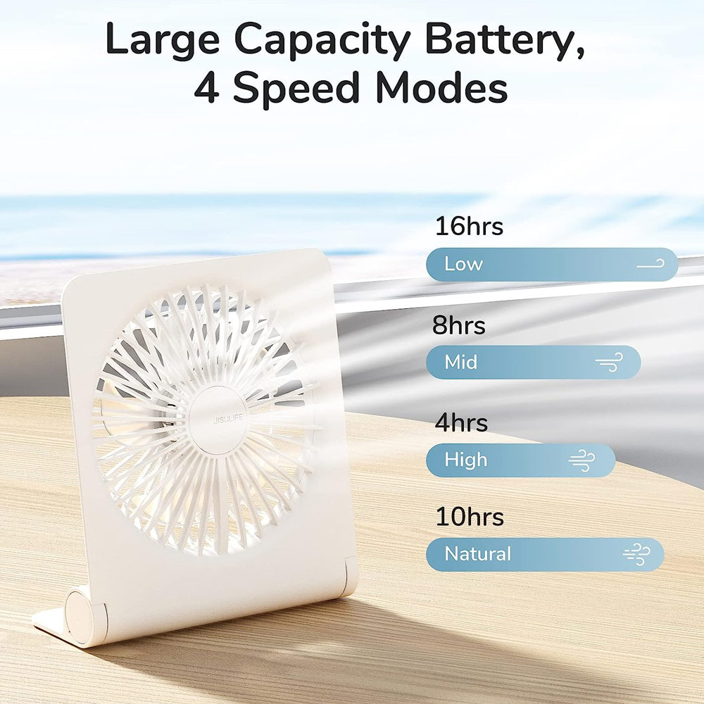 Picture of Jisulife Malaysia Ultra Slim Table Fan Lite Strong Air Flow 4 Speed Wind Portable Rechargeable 4500mAh Desktop Fan For Home Office Outdoor Travel (White)