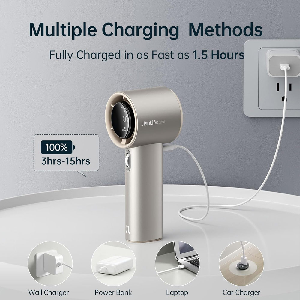 Picture of Jisulife Malaysia Super Power 100 Speed Turbo Strong Wind Portable Fast Charge Rechargeable 5000mAh Hidden Blade High Quality Handheld Mini Fan for Outdoor Indoor Badminton Court Concert Picnic Camping FA53Pro (Bright Brown)