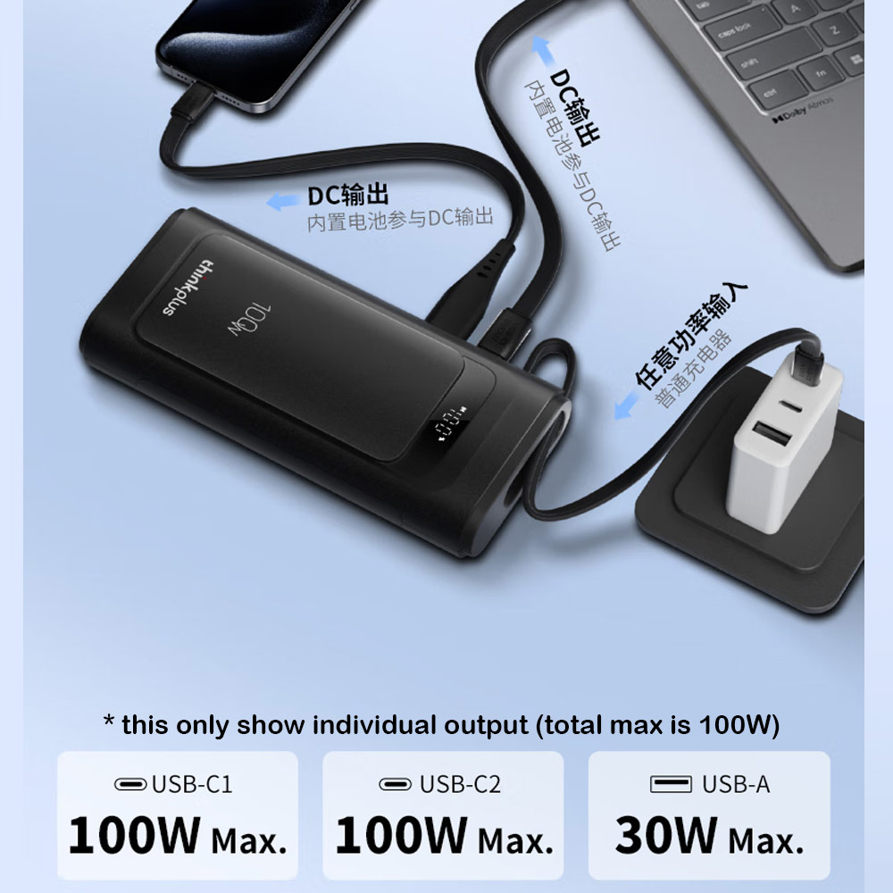 Picture of Lenovo Thinkplus Linx CCC 3C Certified Laptop Notebook Travel Power Bank Mini Size 100W Output Build In Cable (White)