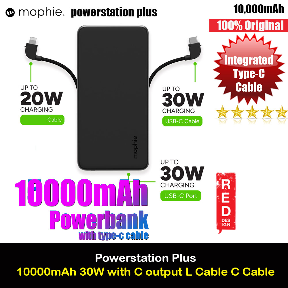 Picture of Mophie Powerstation Plus 10000mah 30W Max Fast Charge with USB C Output Built in Type C Cable L Cable  (Black)