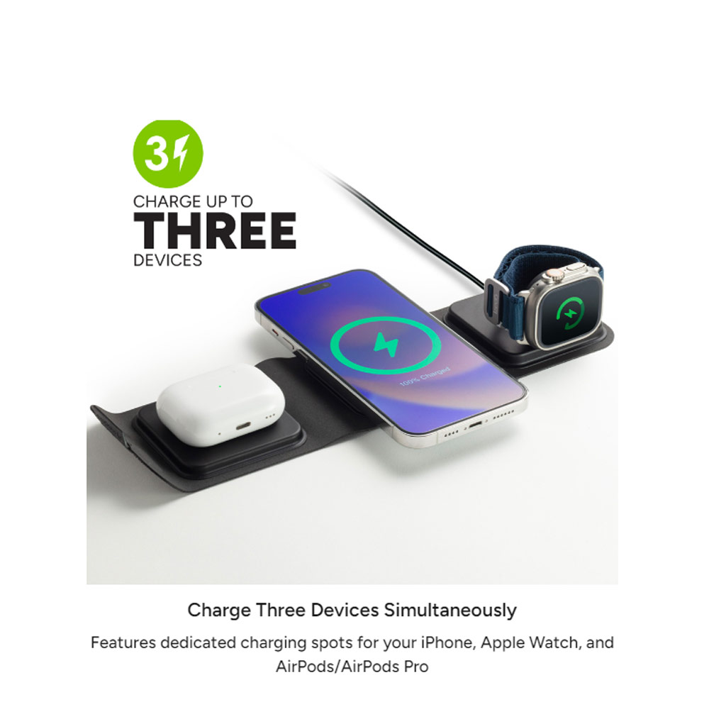 Picture of Apple iPhone 13 6.1 Charger | Mophie 3 in 1 Travel Charger 15W Magnetic Wireless Stand wireless charging stand compatible  MagSafe for Smartphones iPhone Apple Watch Airpods (Black)