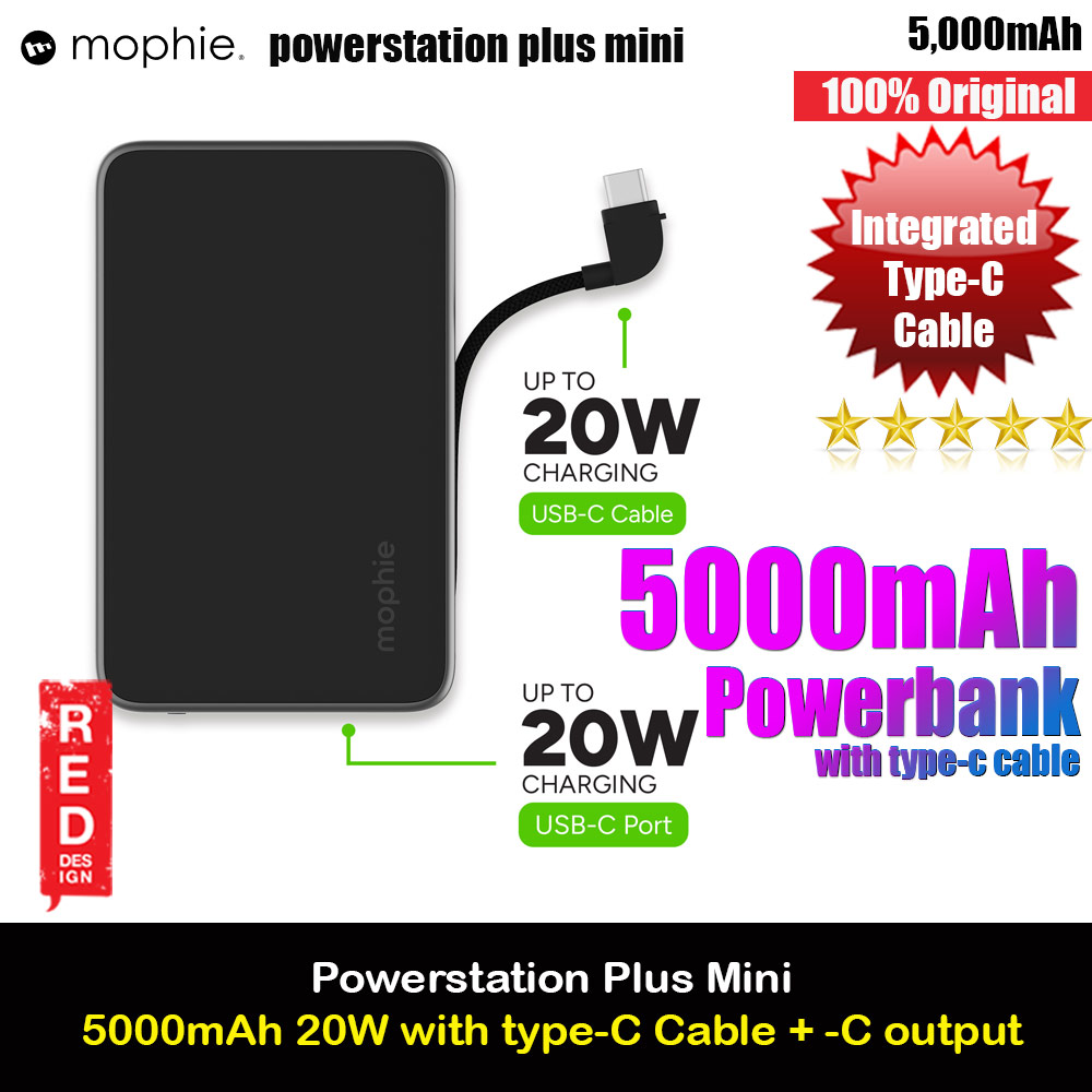 Picture of Mophie Powerstation Plus Mini 5000mah 20W Fast Charge with USB C Output Built in Type C Cable (Black)