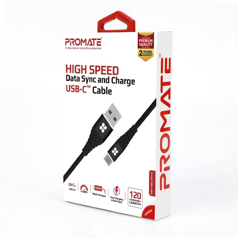 Picture of Promate USB-C™ Cable 3A Fast Charging Heavy Duty Fast Sync Charge 1.2 Meter USB-A to Type C Cable Nervelink-C (Black)