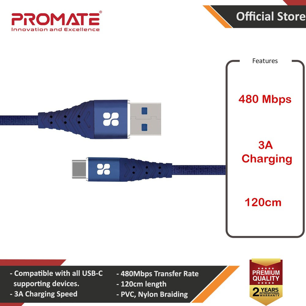 Picture of Promate USB-C™ Cable 3A Fast Charging Heavy Duty Fast Sync Charge 1.2 Meter USB-A to Type C Cable Nervelink-C (Blue) Red Design- Red Design Cases, Red Design Covers, iPad Cases and a wide selection of Red Design Accessories in Malaysia, Sabah, Sarawak and Singapore 