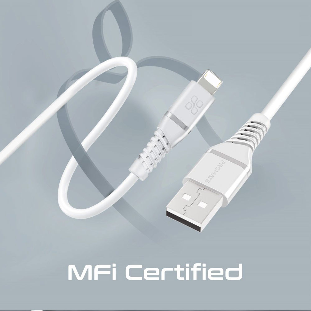 Picture of Promate Ultra Fast USB A to Lightning 2.4A Fast Charging Soft Silicone cable for iPhone 13 Pro Max IPad Airpods Pro PowerLine-Ai120 (White)