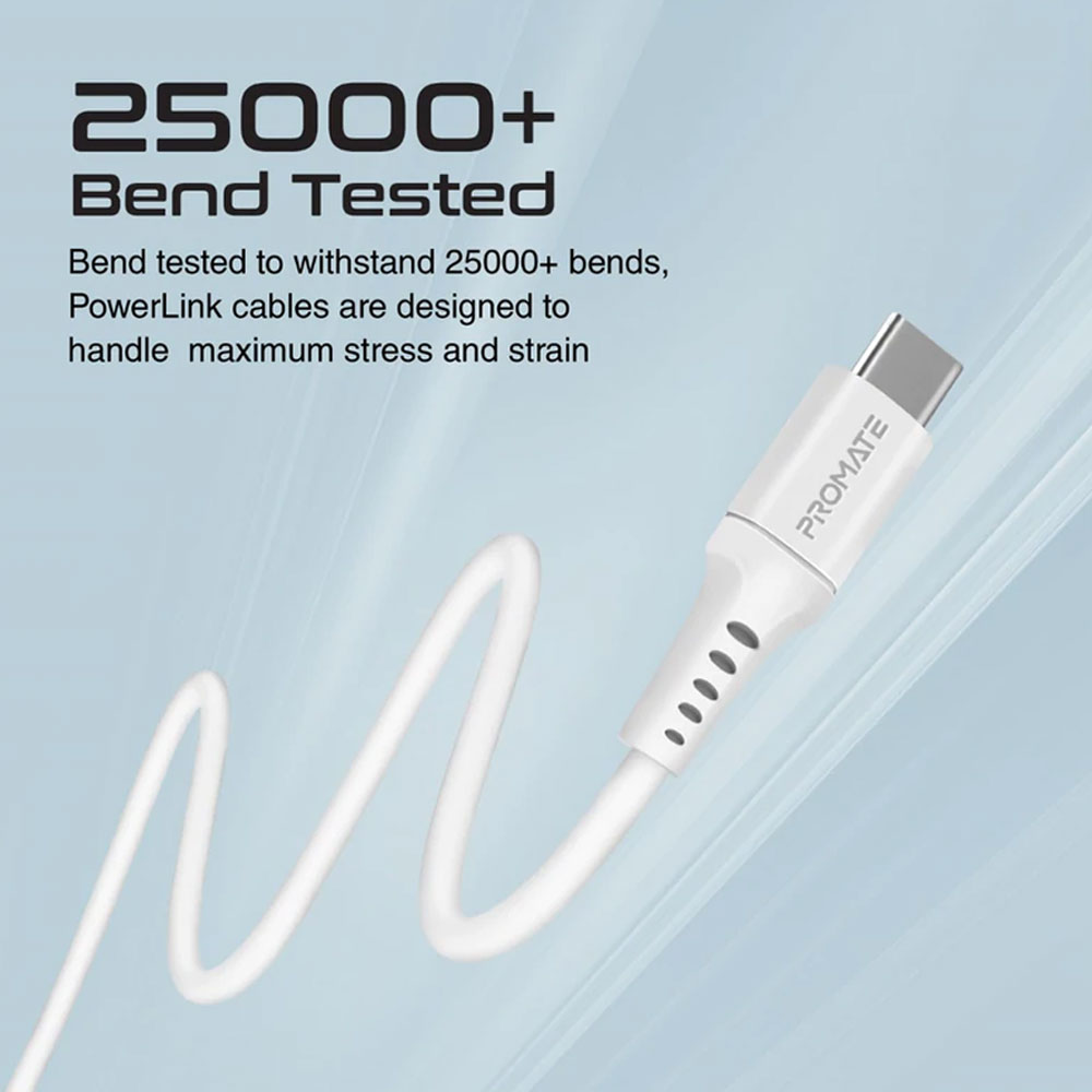 Picture of Promate Ultra Fast USB A to USB C 3A Fast Charging Soft Silicone cable for Smartphones Tablets Galaxy S22 Ultra Vivo Huawei Oppo (White)