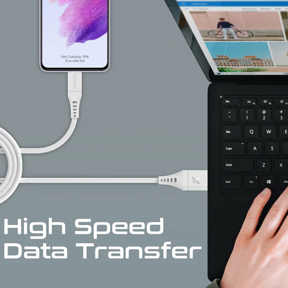 Picture of Promate Ultra Fast USB A to USB C 3A Fast Charging Soft Silicone cable for Smartphones Tablets Galaxy S22 Ultra Vivo Huawei Oppo (White)