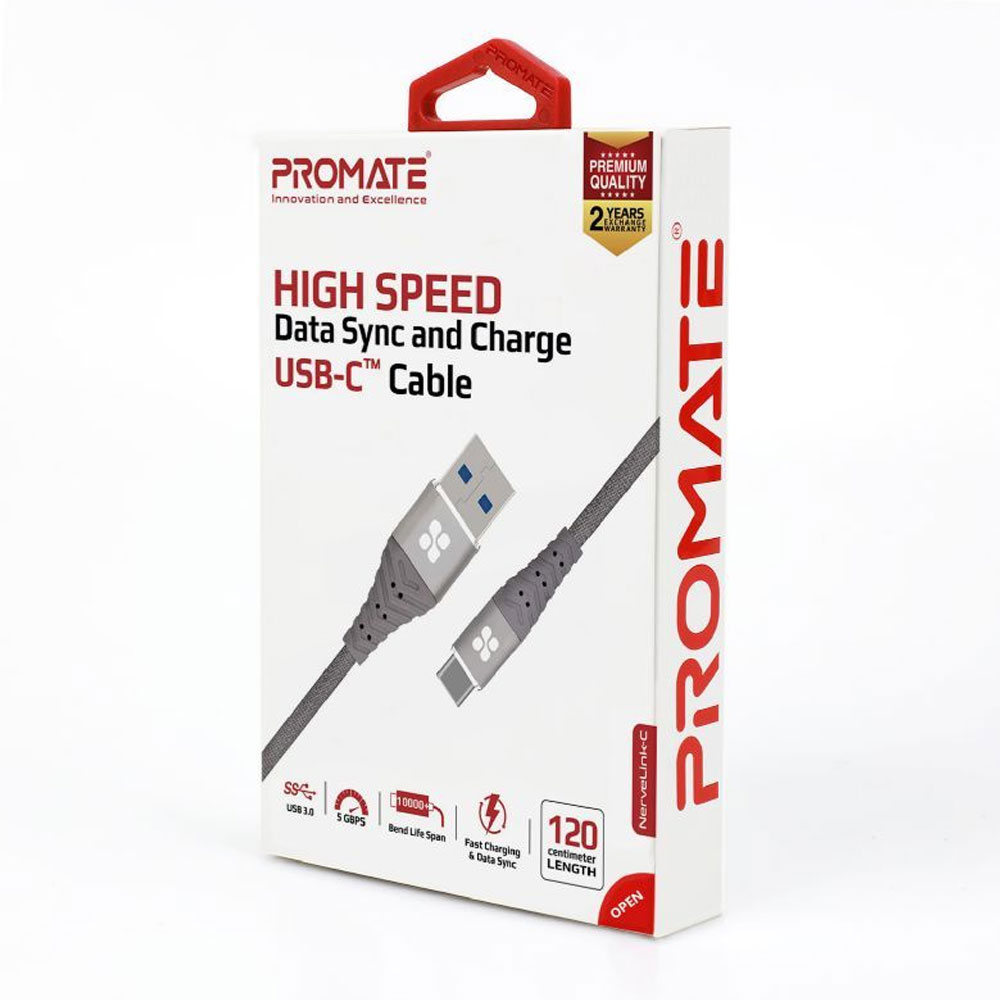 Picture of Promate USB-C™ Cable 3A Fast Charging Heavy Duty Fast Sync Charge 1.2 Meter USB-A to Type C Cable Nervelink-C (Grey)
