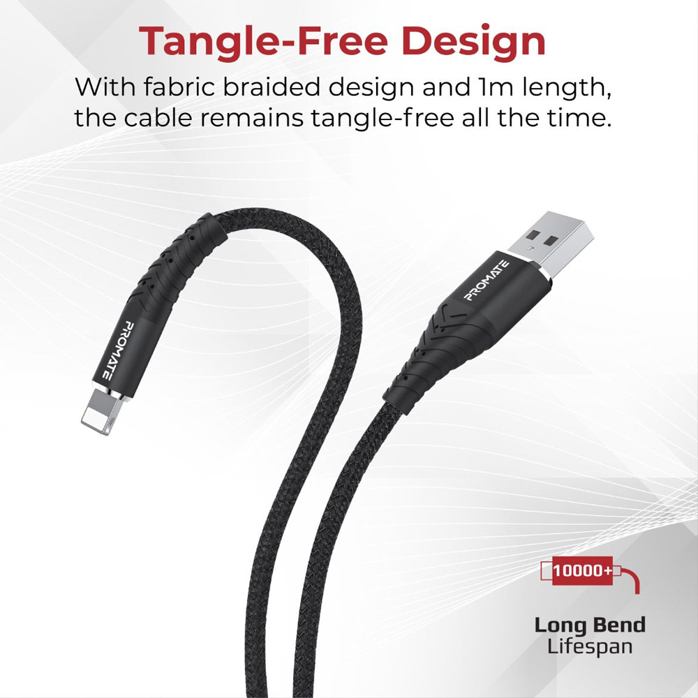 Picture of Promate USB A to Lightning 2.4A Fast Charging Fabric Braided Cable for iPhone 13 Pro Max IPad Airpods Pro iCord-1 (Black)