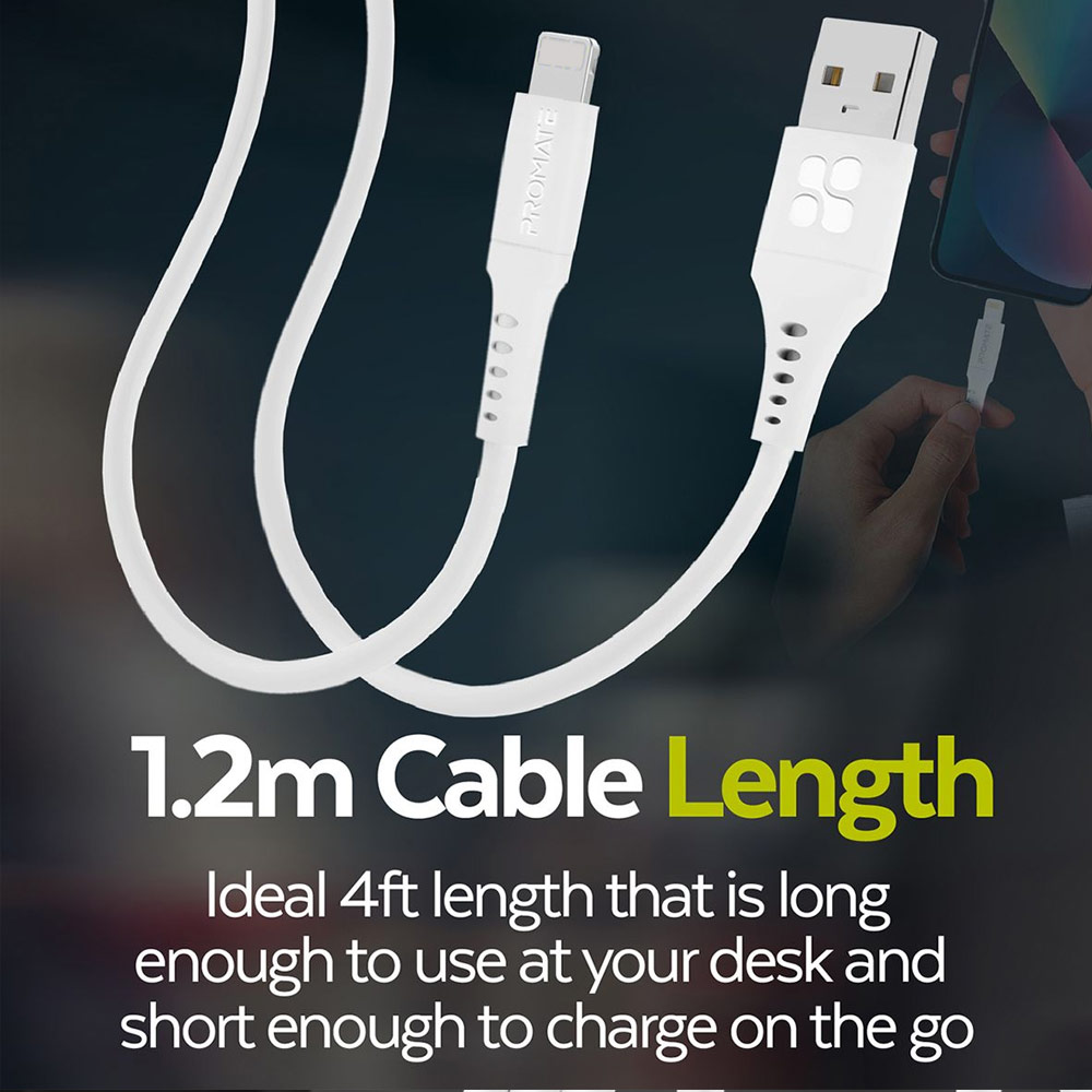 Picture of Promate USB A to Lightning 2.4A Fast Charging Soft Silicone Cable for iPhone 13 Pro Max IPad Airpods Pro PowerLink-Ai120 (White)