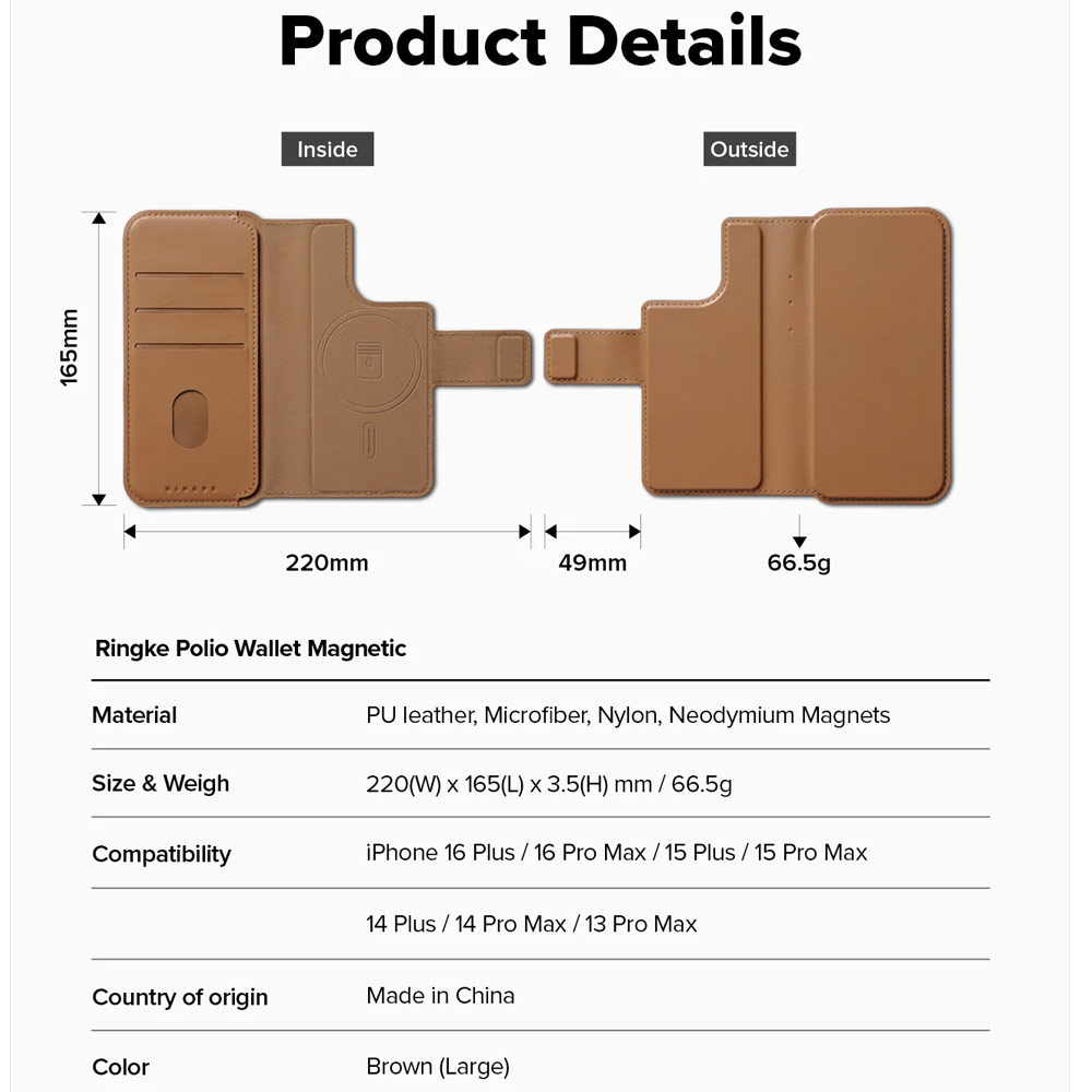 Picture of Apple iPhone 15 Plus 6.7 | Ringke Folio Wallet Magnetic Flip Cover Card Holder for iPhone 16 Pro Max iPhone 16 Plus (Brown)