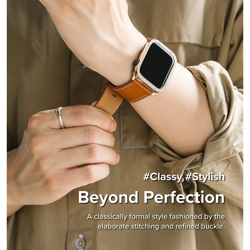 Picture of Apple Watch 42mm  | Ringke Genuine Leather One Basic Bold Strap for Apple Watch Series 4 5 6 8 9 42mm 44mm 45mm Ultra 49mm (Brown)