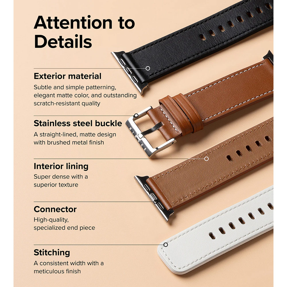 Picture of Apple Watch 42mm  | Ringke Genuine Leather One Basic Bold Strap for Apple Watch Series 4 5 6 8 9 42mm 44mm 45mm Ultra 49mm (Brown)