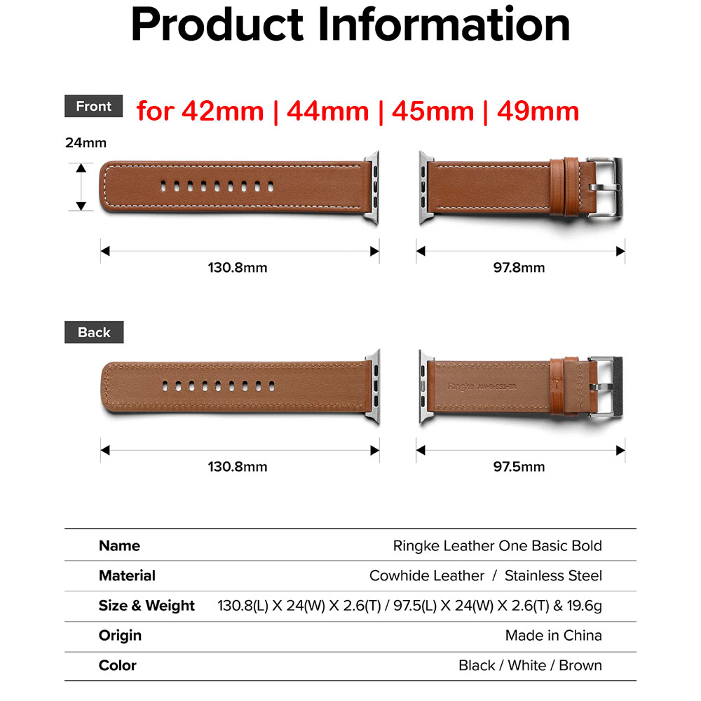 Picture of Apple Watch 42mm  | Ringke Genuine Leather One Basic Bold Strap for Apple Watch Series 4 5 6 8 9 42mm 44mm 45mm Ultra 49mm (Brown)
