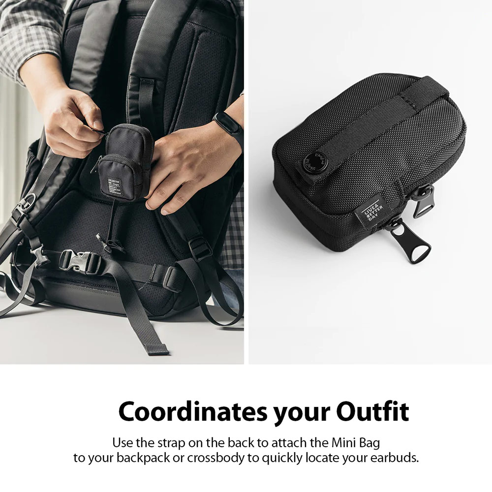 Picture of Ringke Mini Pouch Two Pocket Bag Miniature with Zipper Closure with Carabiner for Small Gadgets (Black)