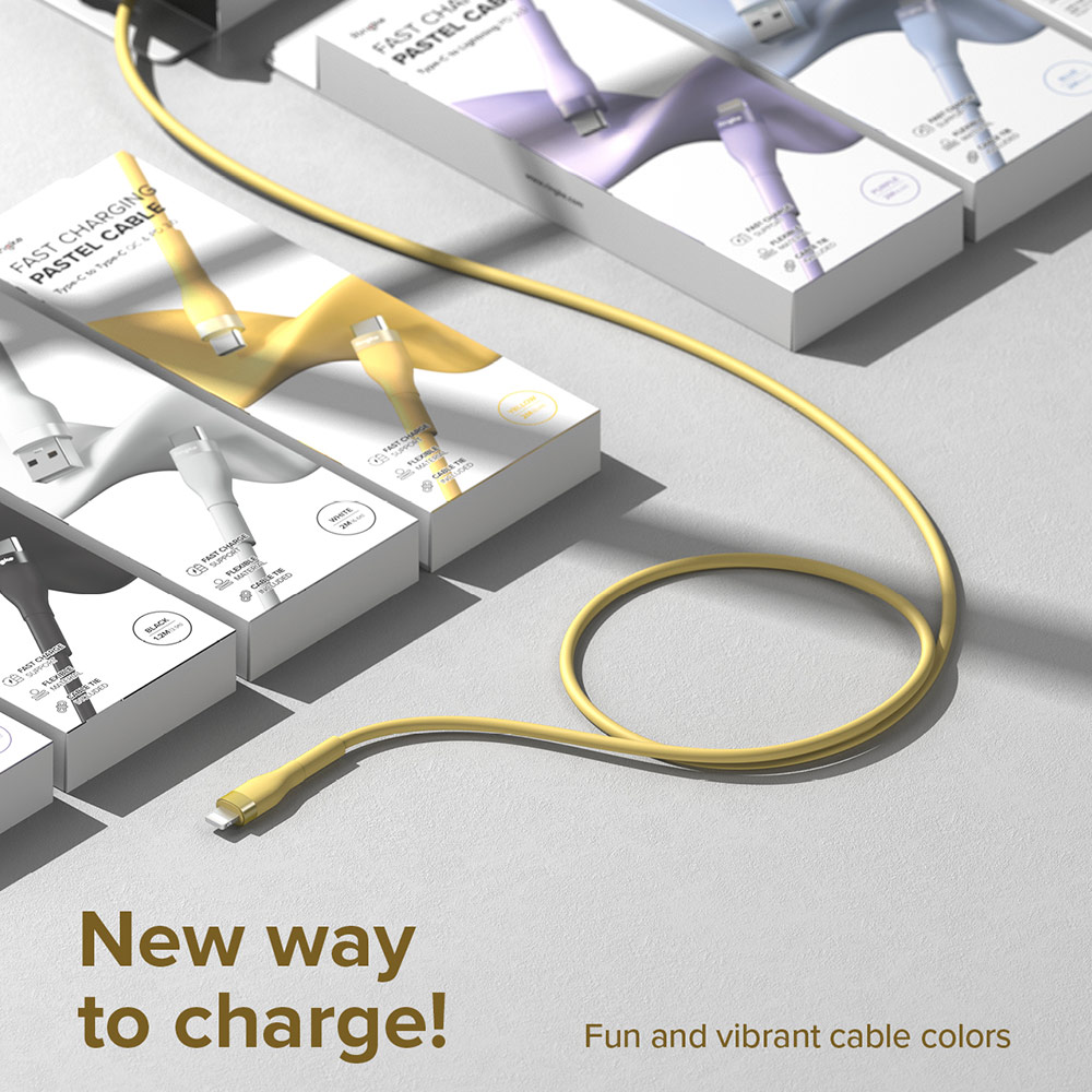 Picture of Ringke Pastel TPE Durable Cable with Cable Tie Organizer 2.4A Fast Charge USB A to Lightning (Yellow 200cm)